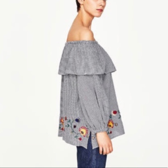 Zara Woman Off Shoulder Gingham Peasant Blouse XS - Picture 2 of 13